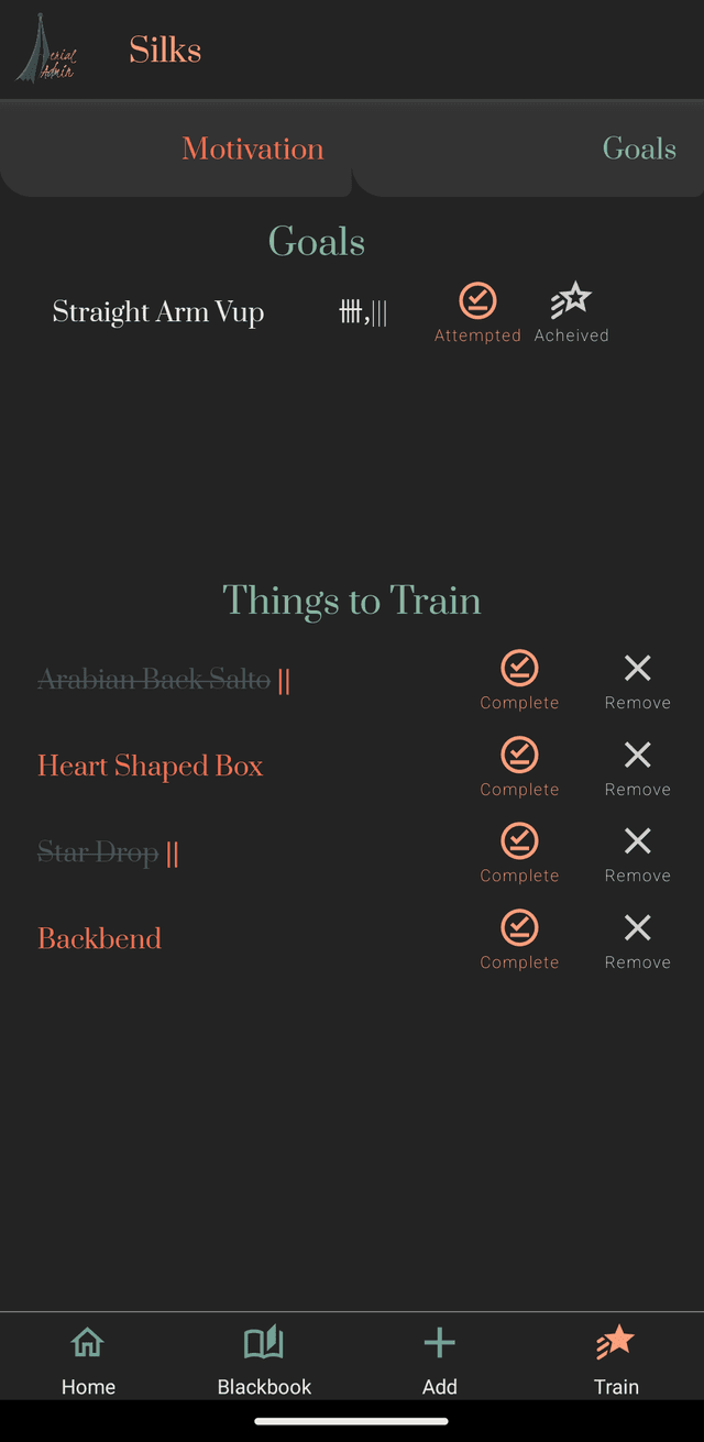 image of the app training screen that lists tricks for users to work on